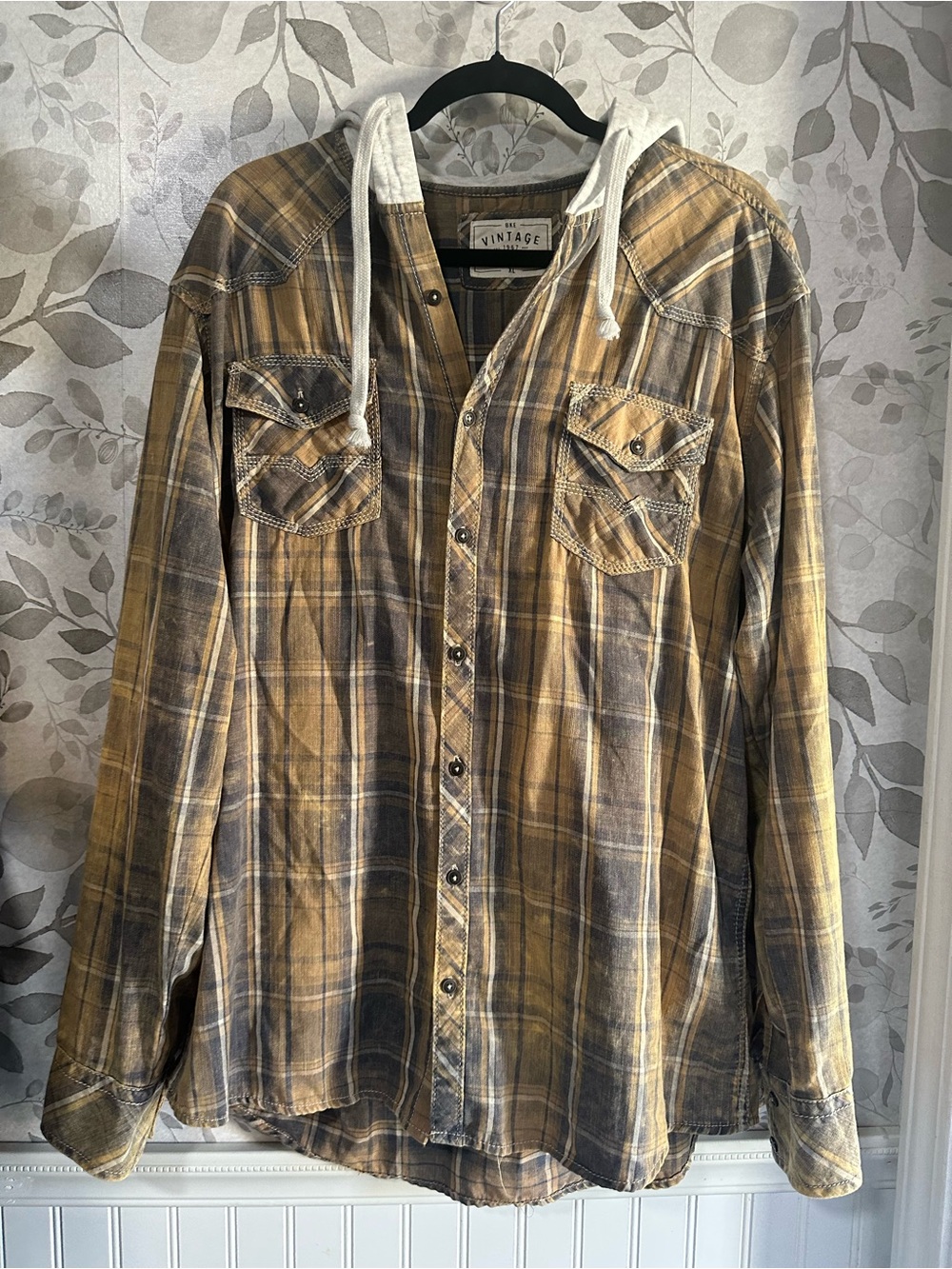 BKE Vintage style Men's Plaid hooded flannel Button-Down Shirt XL